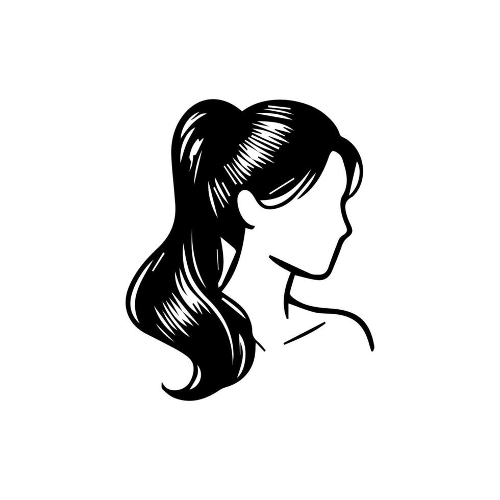 mulher cabeça silhueta, face perfil, vinheta. mão desenhado vetor ilustração, isolado em branco fundo. Projeto para convite, cumprimento cartão, vintage estilo.