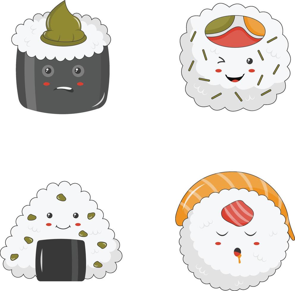 kawaii Sushi ilustração em branco fundo. desenho animado personagem coleção. vetor