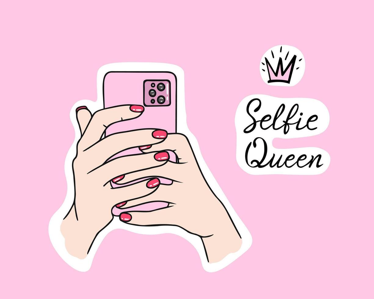 selfie rainha, mãos com telefone. ilustração para impressão, fundos, cobre e embalagem. imagem pode estar usava para cumprimento cartões, cartazes, adesivos e têxtil. isolado em branco fundo. vetor