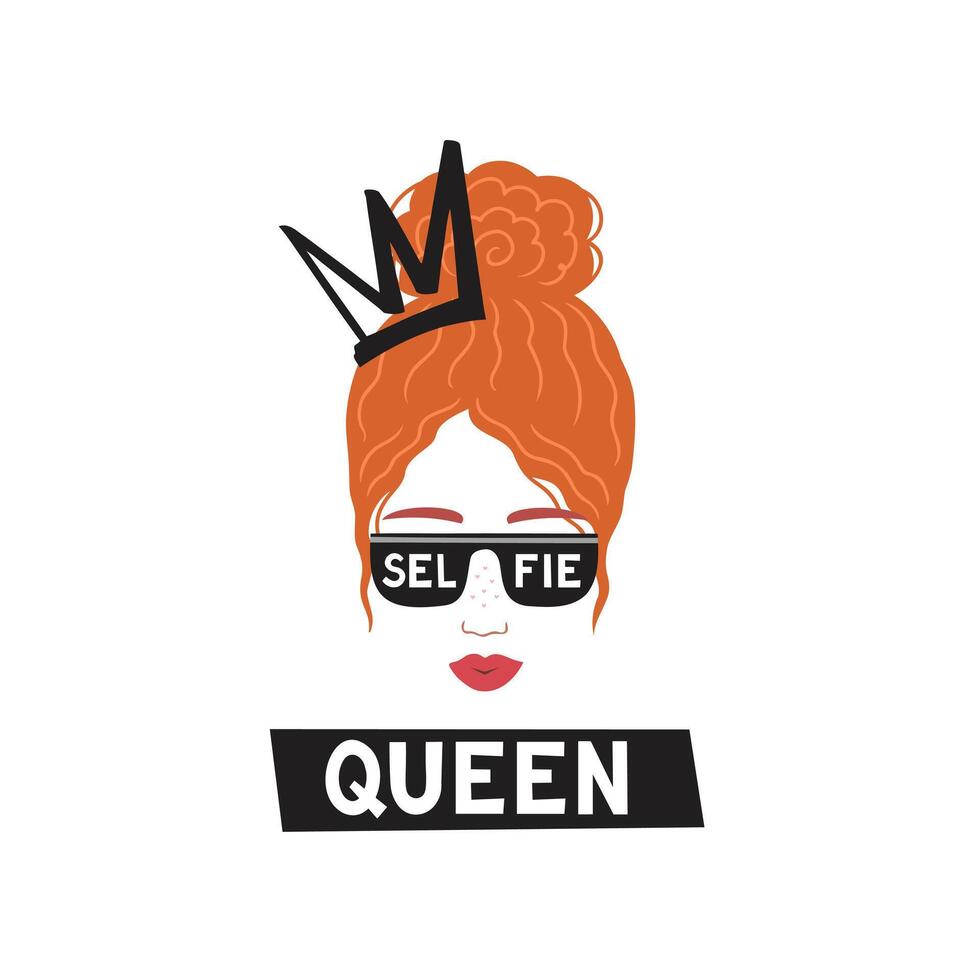 selfie rainha, vermelho cabelo selfie menina com oculos escuros. ilustração para fundos, cobre e embalagem. imagem pode estar usava para cartões, cartazes, adesivos e têxtil. isolado em branco fundo. vetor