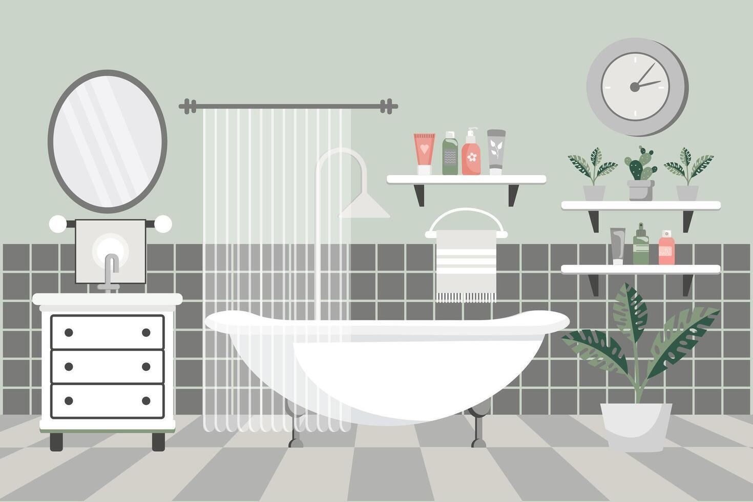 acolhedor banheiro. banheiro interior com banheiro mobília, banheira, lavatório, toalhas, espelho, janela, casa plantas. plano ilustração. vetor