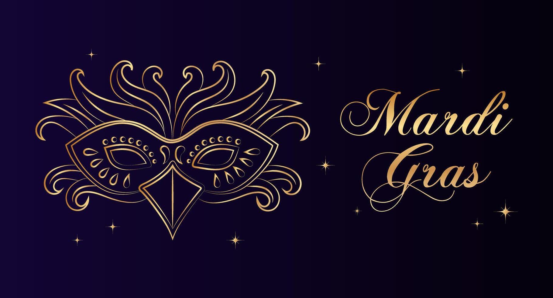 banner de mardi gras, máscara de carnaval de luxo dourado e texto em fundo estrela. cartaz, panfleto, vetor