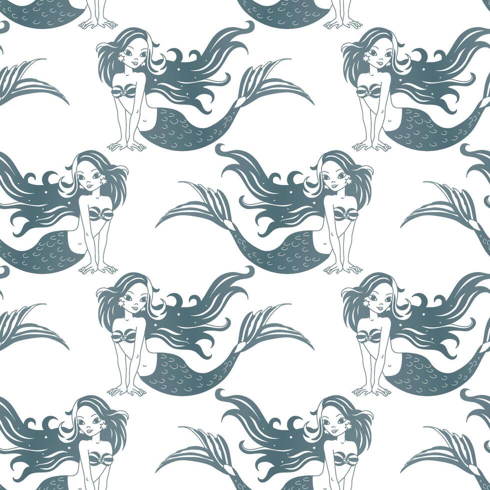desatado padrão, fofa azul sereia meninas em uma branco fundo. têxtil, papel de parede, vetor