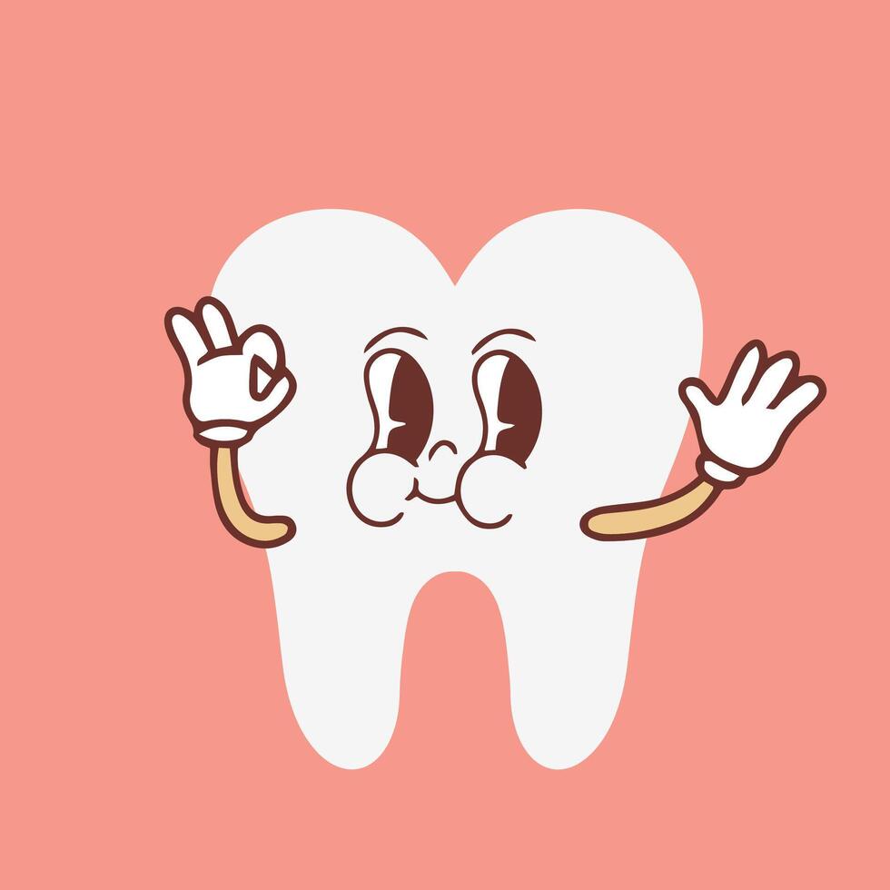 groovy dente desenho animado personagem acenando dele mão. engraçado saudável branco molar com feliz face, retro desenho animado dentes mascote, odontologia e dental Cuidado adesivo do Anos 70 anos 80 vetor ilustração.