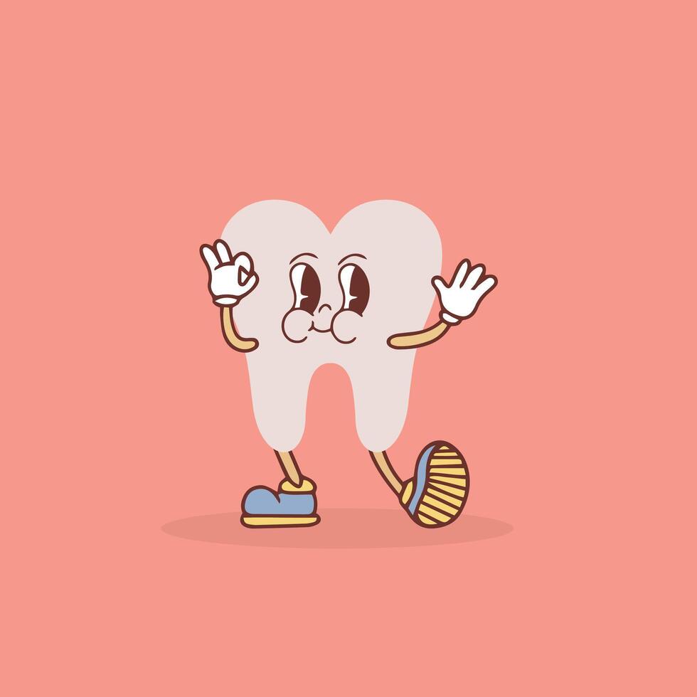 groovy dente desenho animado personagem acenando dele mão. engraçado saudável branco molar com feliz face, retro desenho animado dentes mascote, odontologia e dental Cuidado adesivo do Anos 70 anos 80 vetor ilustração.