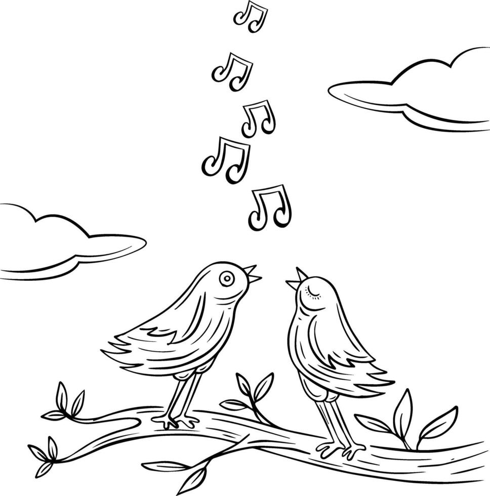 mão desenhado casal pássaros cantando em ramo vetor