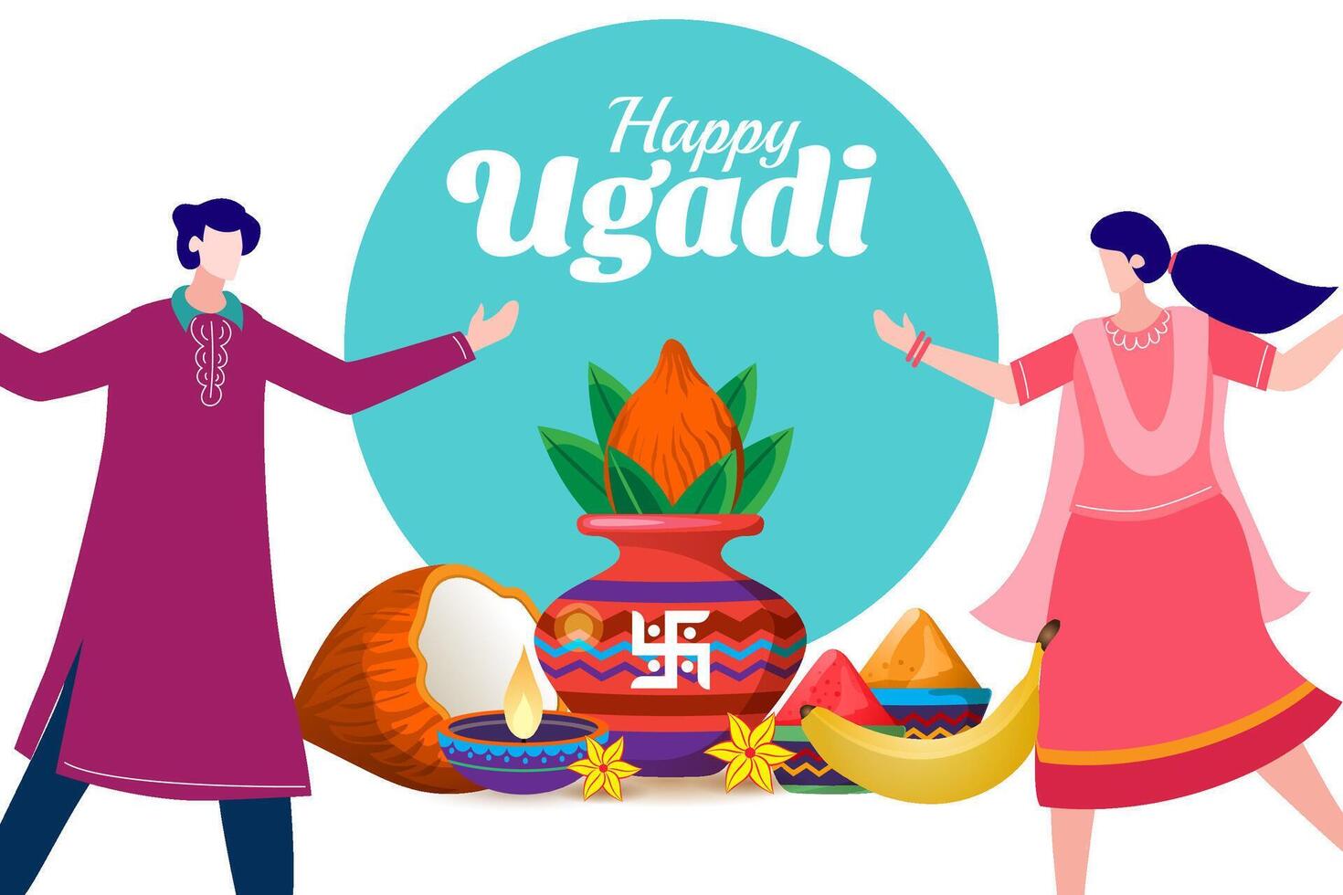 pessoas a comemorar feliz Ugadi festival cumprimento fundo vetor