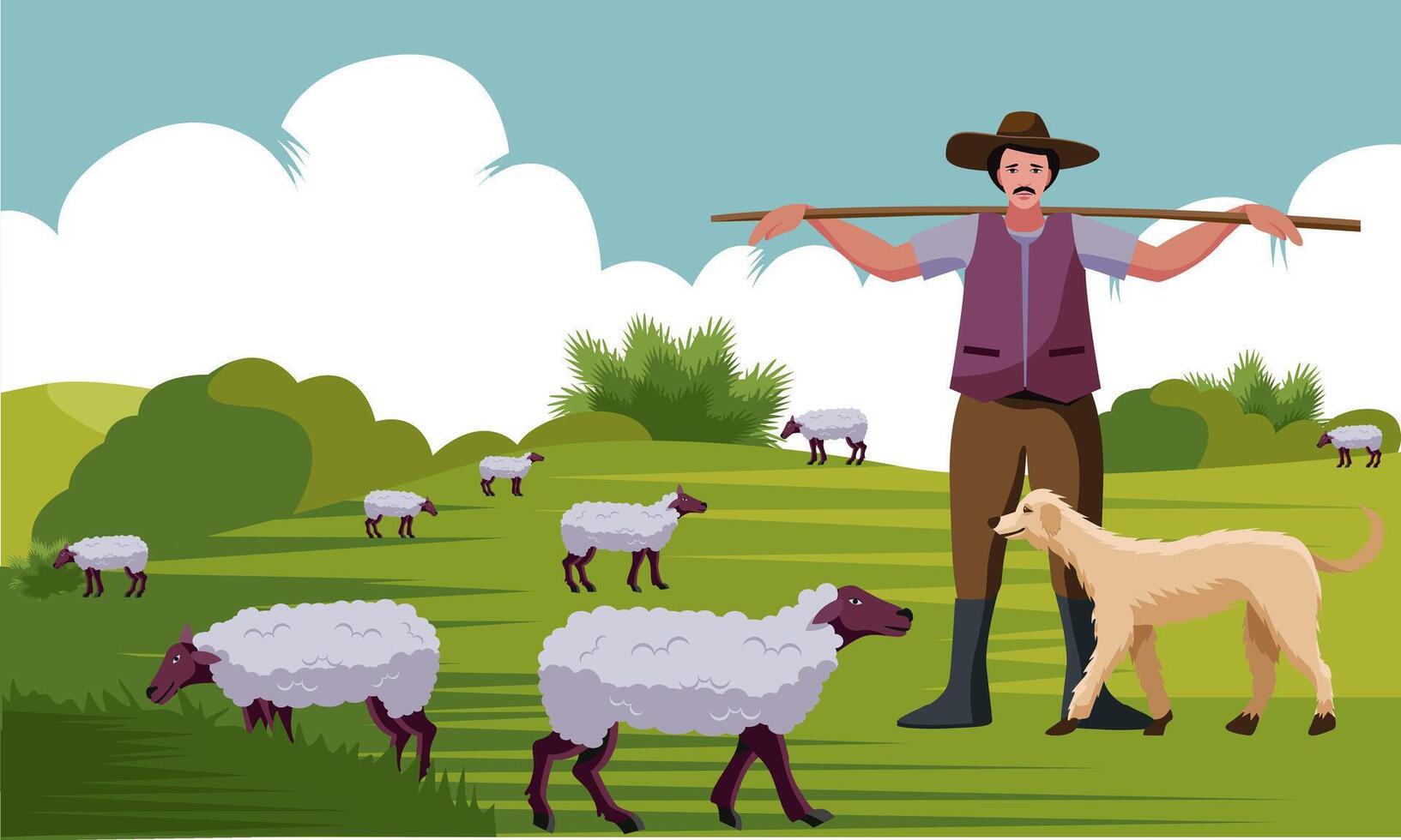 pastor com bastão e cachorros pastoreio ovelha vetor