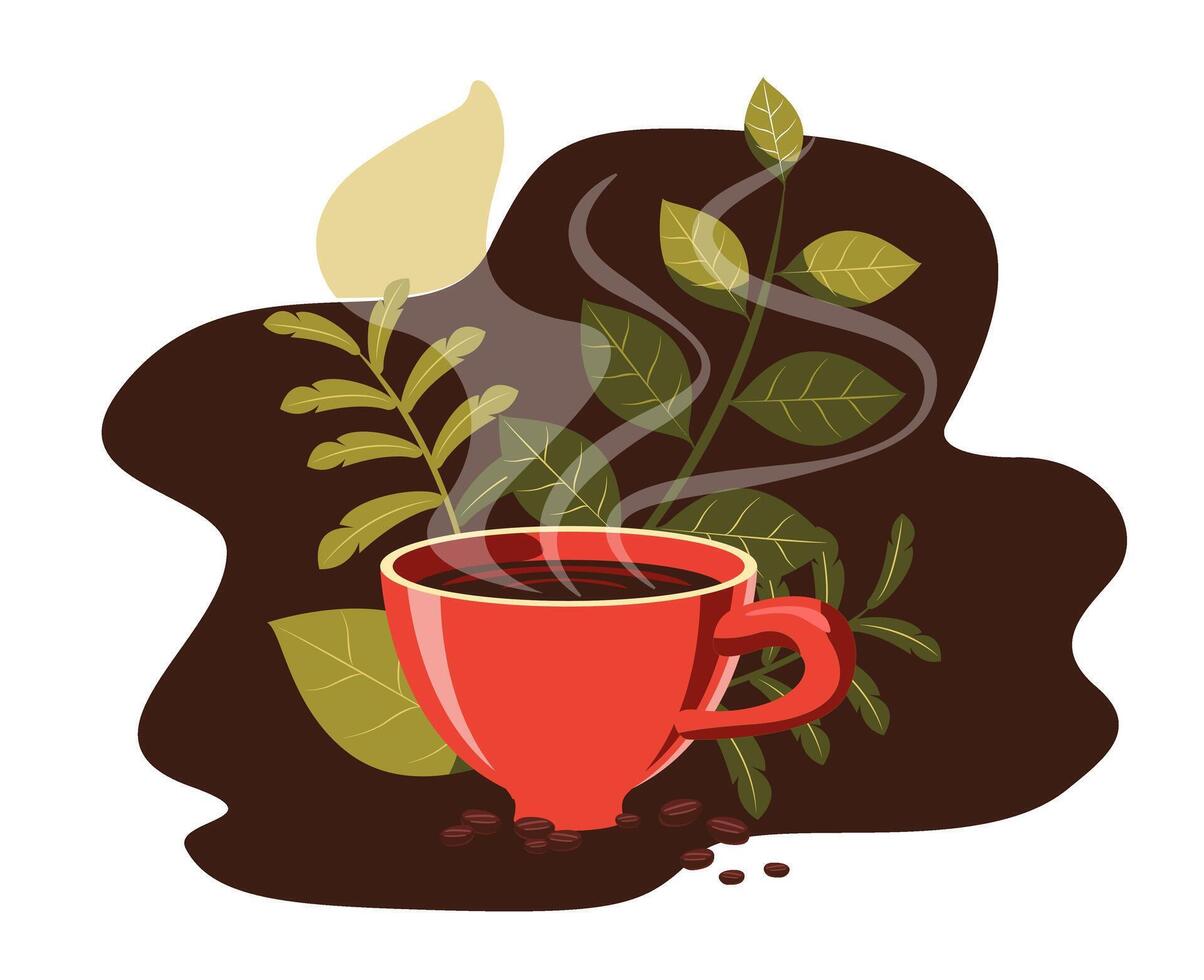 café copo com folhas e café feijões vetor