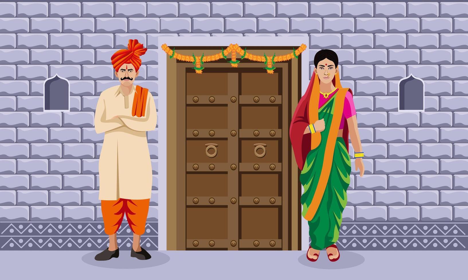 hindu maharashtrian casal dentro tradicional vestir em pé dentro porta vetor