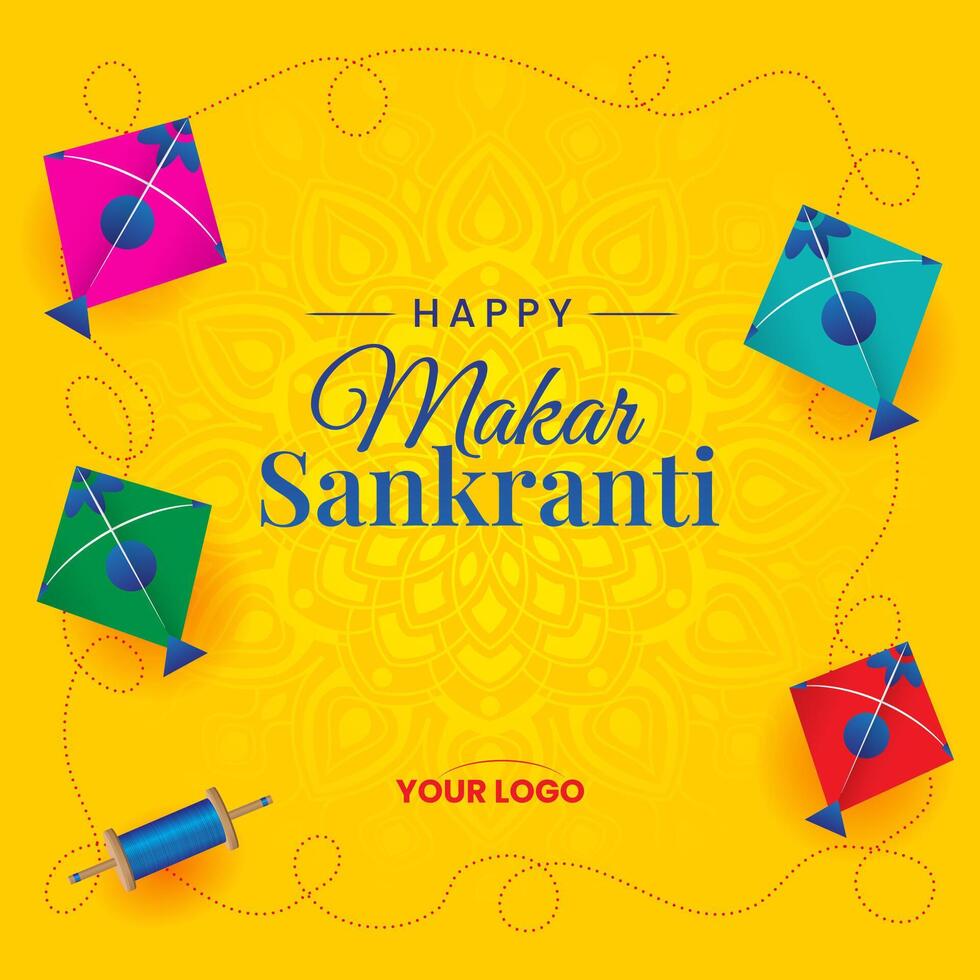 feliz Makar Sankranti com colorida pipas em amarelo festival fundo vetor