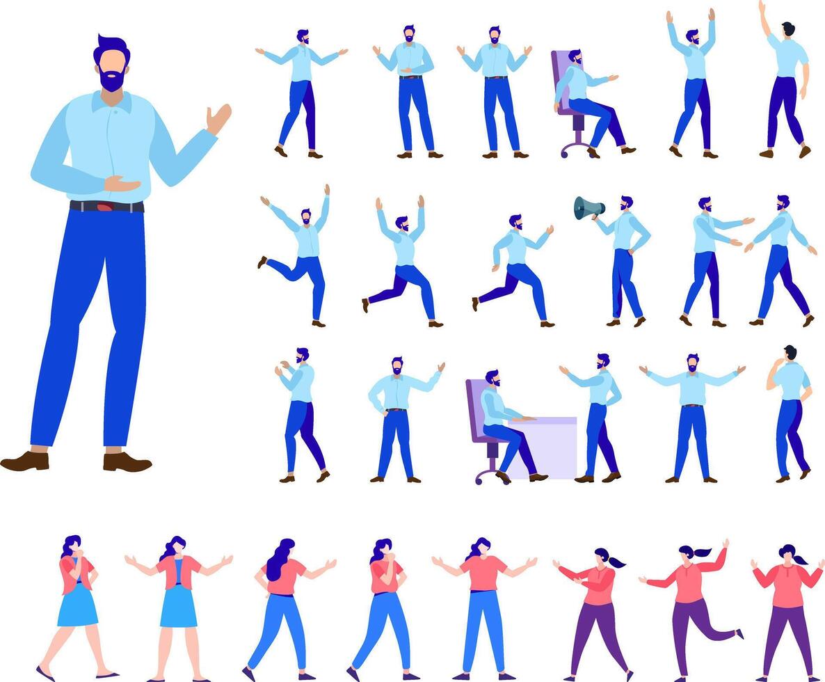 conjunto do jovem masculino e fêmea personagens dentro diferente poses. plano ilustração vetor