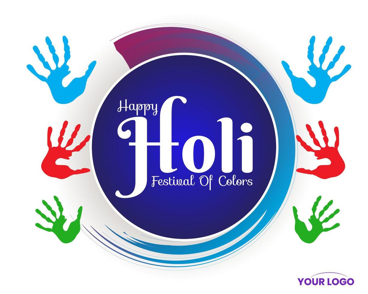 colorida feliz holi hindu festival celebração cumprimento com mão impressões vetor
