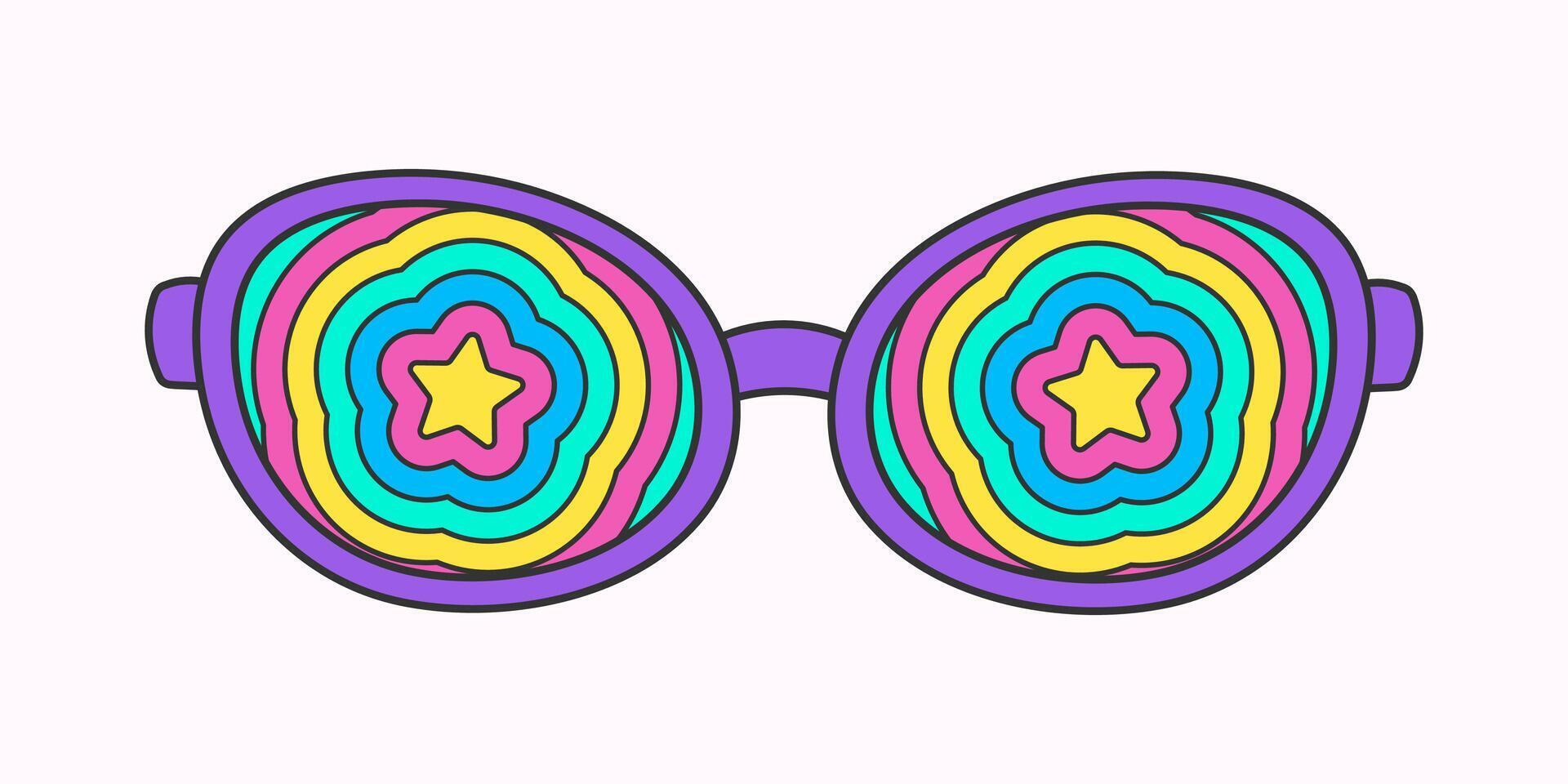 retro hippie psicodélico estilo oculos escuros. geométrico abstrato vetor óculos isolado em branco fundo, Anos 70 groovy moda. rabisco estrelas padronizar para impressão em Camisetas, cartões.