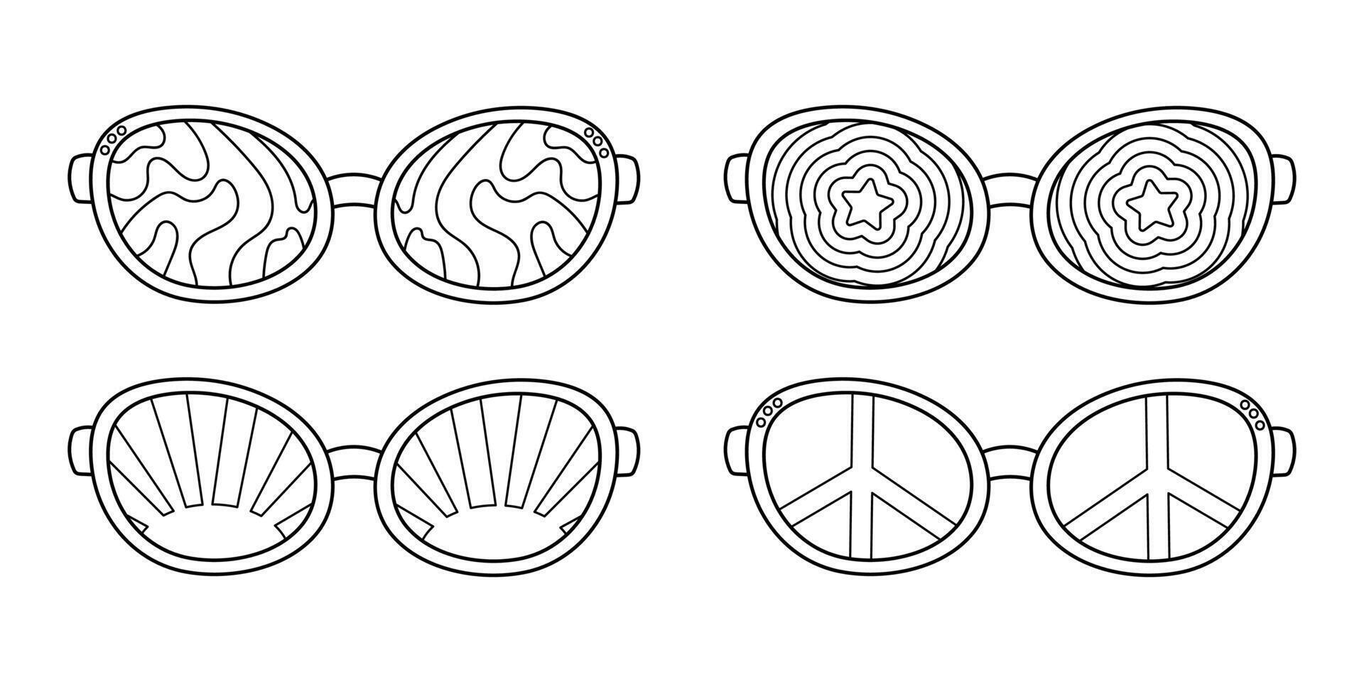 fofa coloração página, vintage oculos de sol dentro Anos 70 estilo. Preto e branco contorno retro rabisco elementos em uma branco fundo, simples ilustração para crianças. impressão com ondas, sol, Estrela e Paz placa vetor