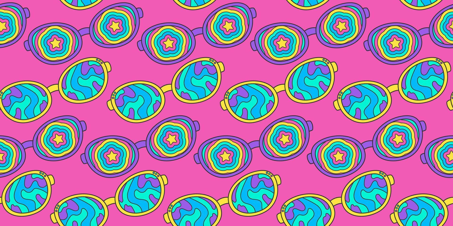 néon fundo, brilhante desatado padrão, vetor adesivos em uma Rosa fundo. retro hippie oculos de sol com Anos 70 estilo imprimir, ondas e estrelas.