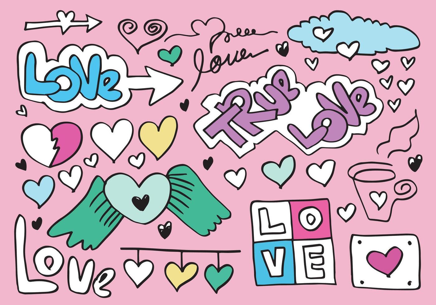 rabiscos desenhados à mão para o dia dos namorados. coleção de lindos corações e escritos amor em fundo rosa. ilustração vetorial. vetor