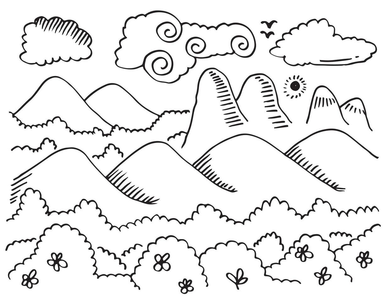 mão desenhado montanhas vetor ilustração definir, panorama natureza silhueta, gravação estilo, mão desenhado vetor ilustração.