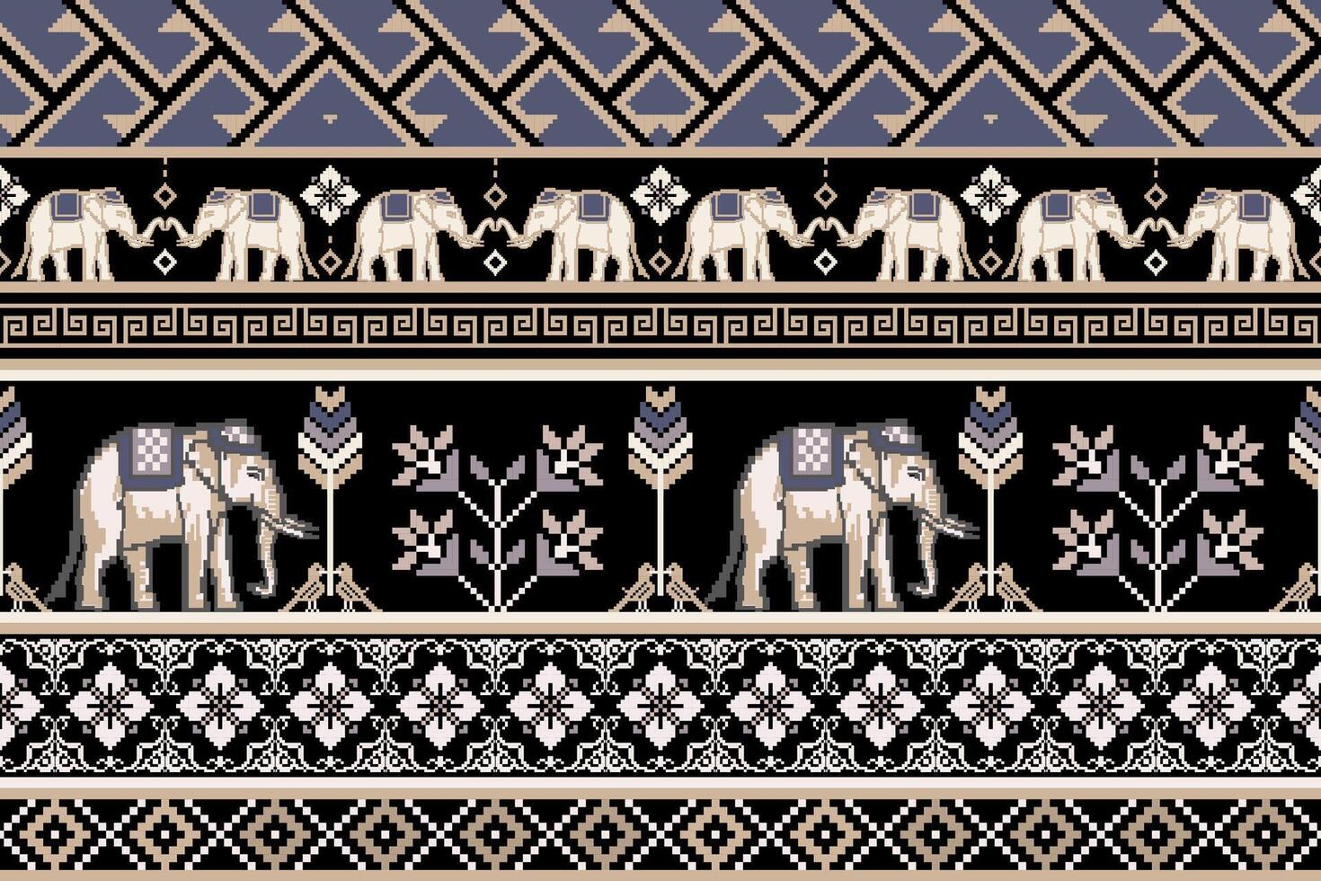 tradicional tailandês elefante desatado padronizar com floral em Preto fundo. vetor Projeto para tecido, tapete, telha, bordado, invólucro, fundo, e papel de parede