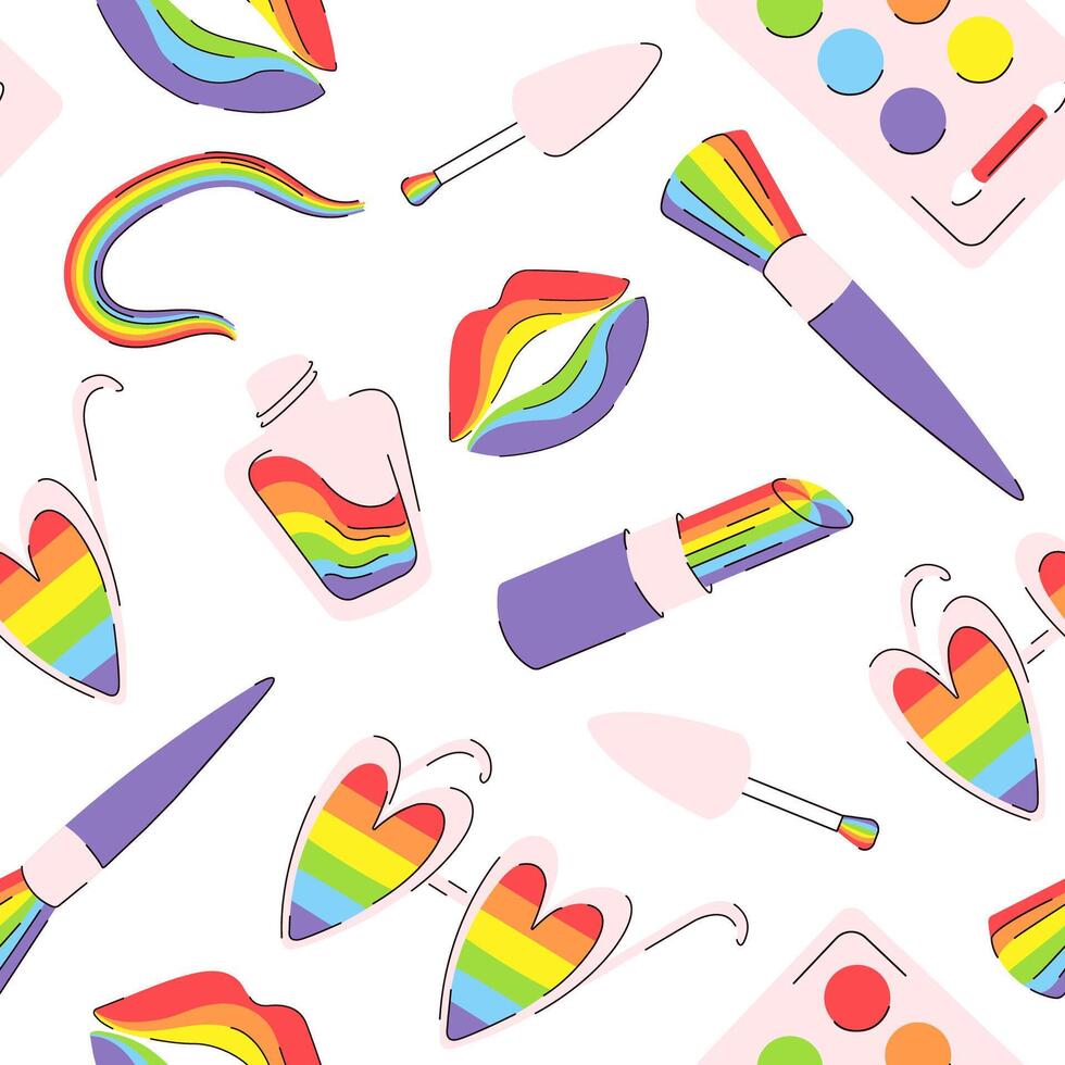 lgbt desatado padronizar com cosméticos dentro orgulho cores. invólucro papel fundo com lgbt concepção. vetor ilustração dentro plano, rabisco, desenho animado estilo.