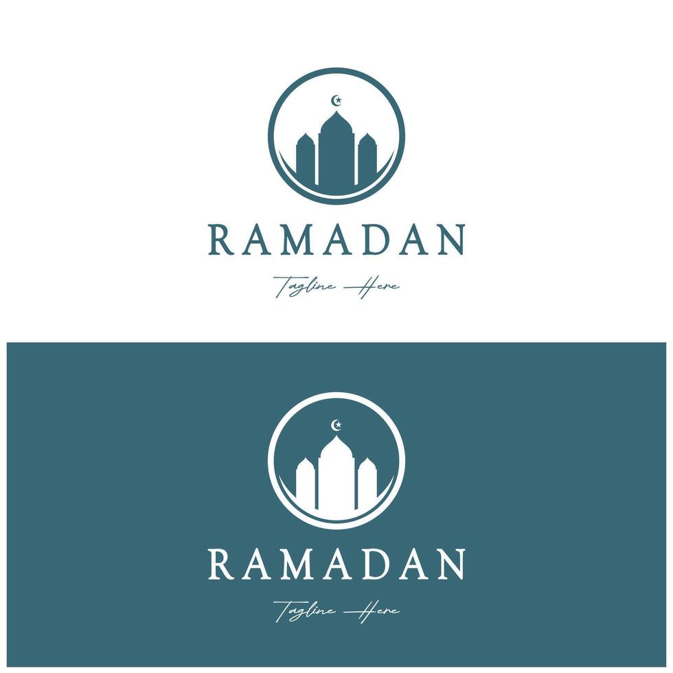 Ramadã Mubarak logotipo com lanterna elementos, crescente lua e Estrela mesquita prédio, islâmico caligrafia padrão, para negócios, arquitetura, muçulmanos, eid, eid cartões, islâmico Educação vetor