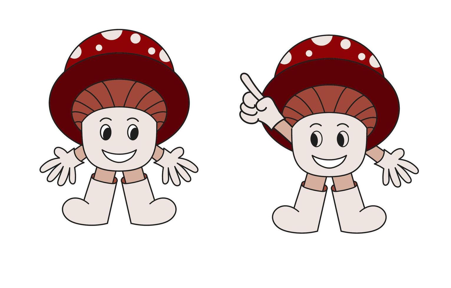 feliz cogumelo desenho animado uma apontando mão com uma face, braços e pernas. vetor