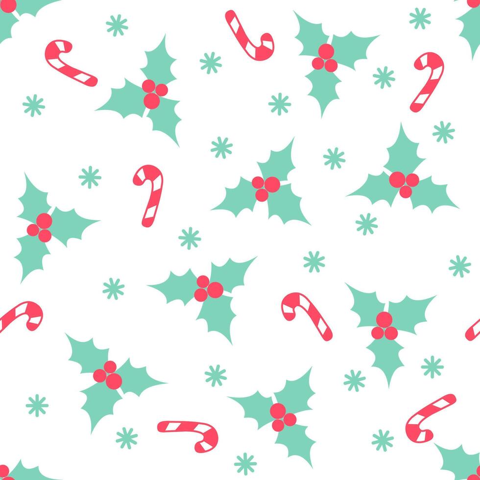 desatado Natal padronizar dentro plano estilo com azevinho baga, doce bengala e flocos de neve isolado em branco fundo. vetor