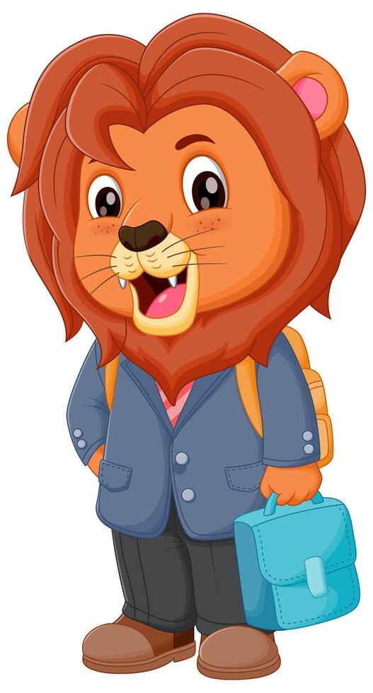 fofa leão desenho animado indo para escola vetor ilustração. fofa leão dentro escola uniforme com saco