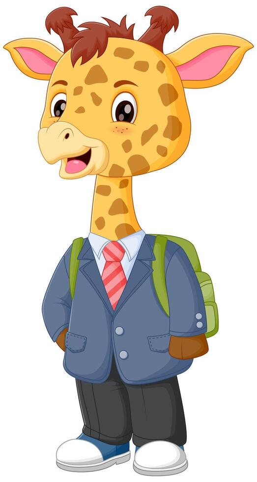 fofa girafa desenho animado indo para escola vetor ilustração. fofa girafa dentro escola uniforme com saco