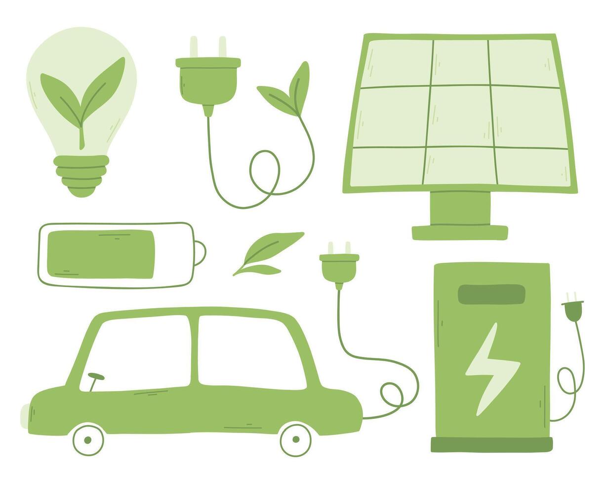 conjunto do verde energia elementos. coleção do de Meio Ambiente elementos. elétrico carro, solar bateria, estação, luz lâmpada. vetor ilustração.