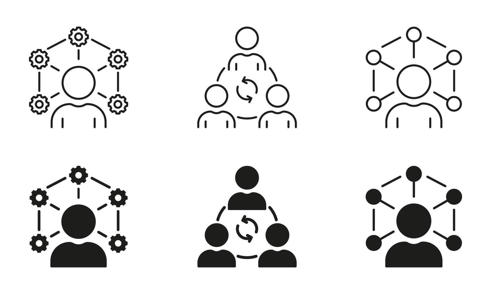 eficiente pessoa às trabalhos linha e silhueta ícone definir. desenvolvimento, produtividade pictograma. empregado Treinamento símbolo. otimizar trabalho processos, flexibilidade habilidades. isolado vetor ilustração