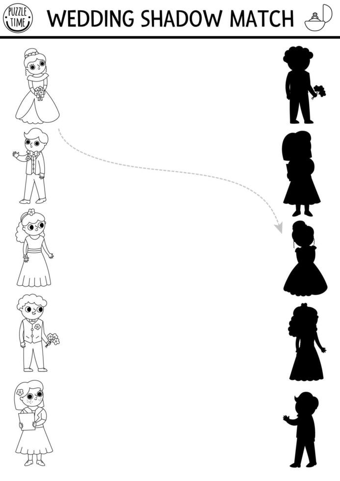 Casamento Preto e branco sombra Coincidindo atividade com noiva, noivo, convidados. casamento cerimônia coloração página com fofa somente casado casal. encontrar corrigir silhueta imprimível planilha vetor