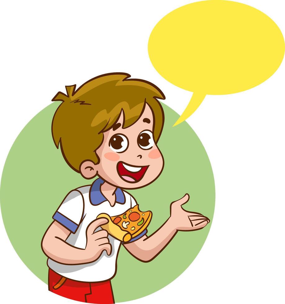 vetor ilustração do uma pequeno Garoto comendo uma fatia do pizza com discurso bolha