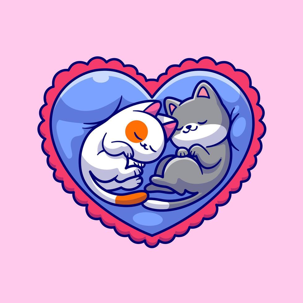 fofa casal gato dormindo em amor travesseiro desenho animado vetor ícone ilustração. animal natureza ícone conceito isolado Prêmio vetor. plano desenho animado estilo