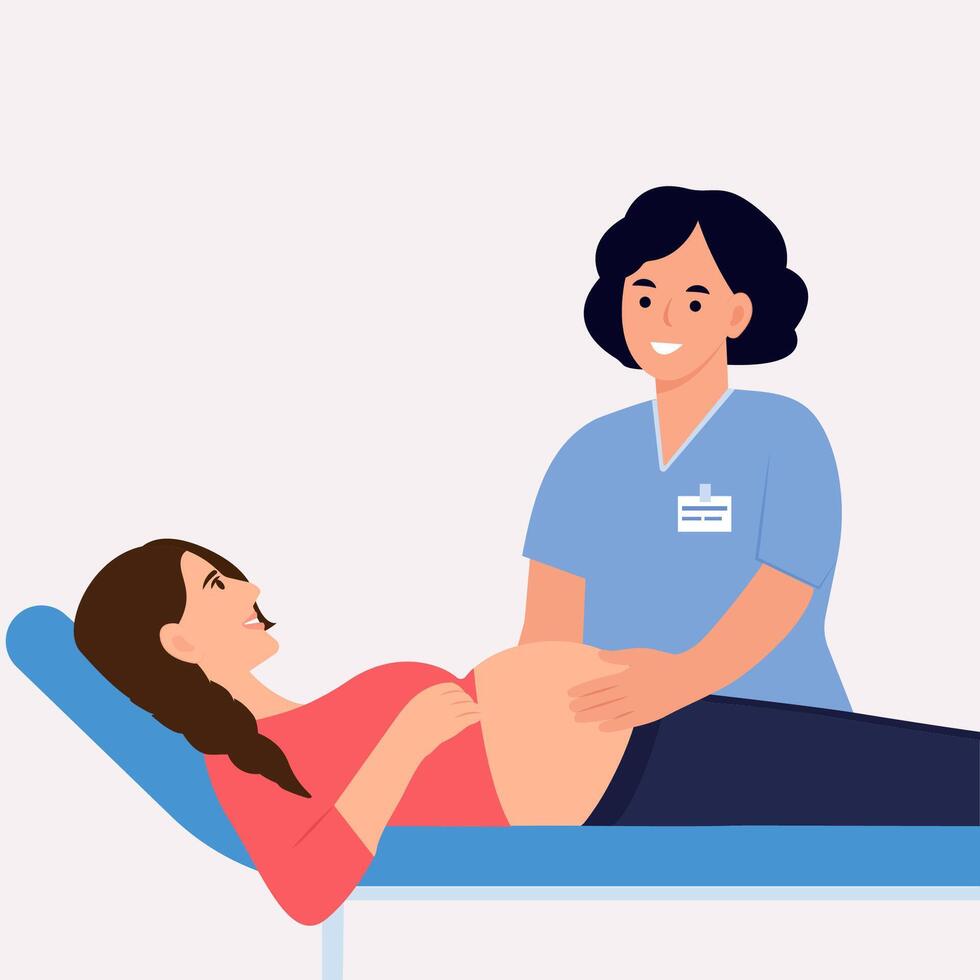 grávida mulher visitando fêmea médico dentro hospital.ginecologista, obstetra tocante barriga do grávida paciente deitado em sofá. maternidade e cuidados de saúde conceito. vetor ilustração