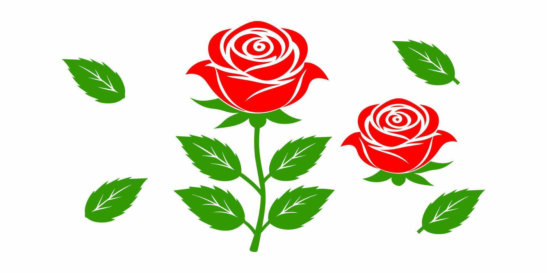 uma vermelho rosa ícone e folhas vetor conjunto isolado em branco fundo