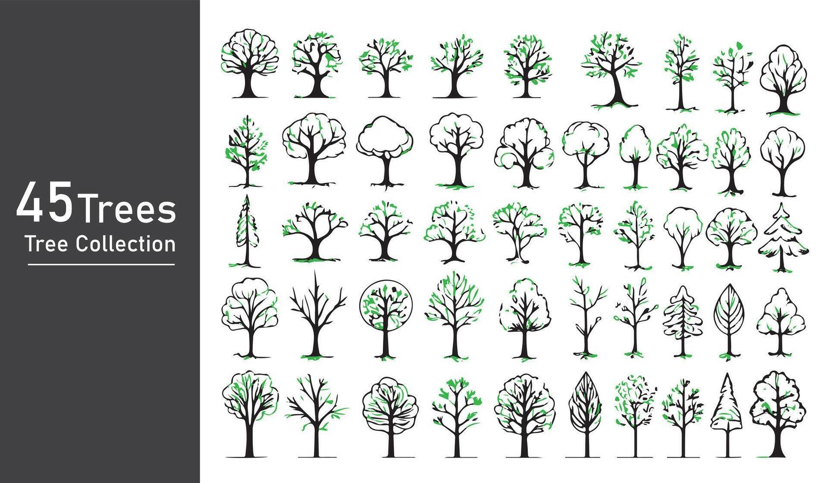 silhueta árvore linha desenhando definir, lado visualizar, conjunto do gráficos árvores elementos esboço símbolo vetor