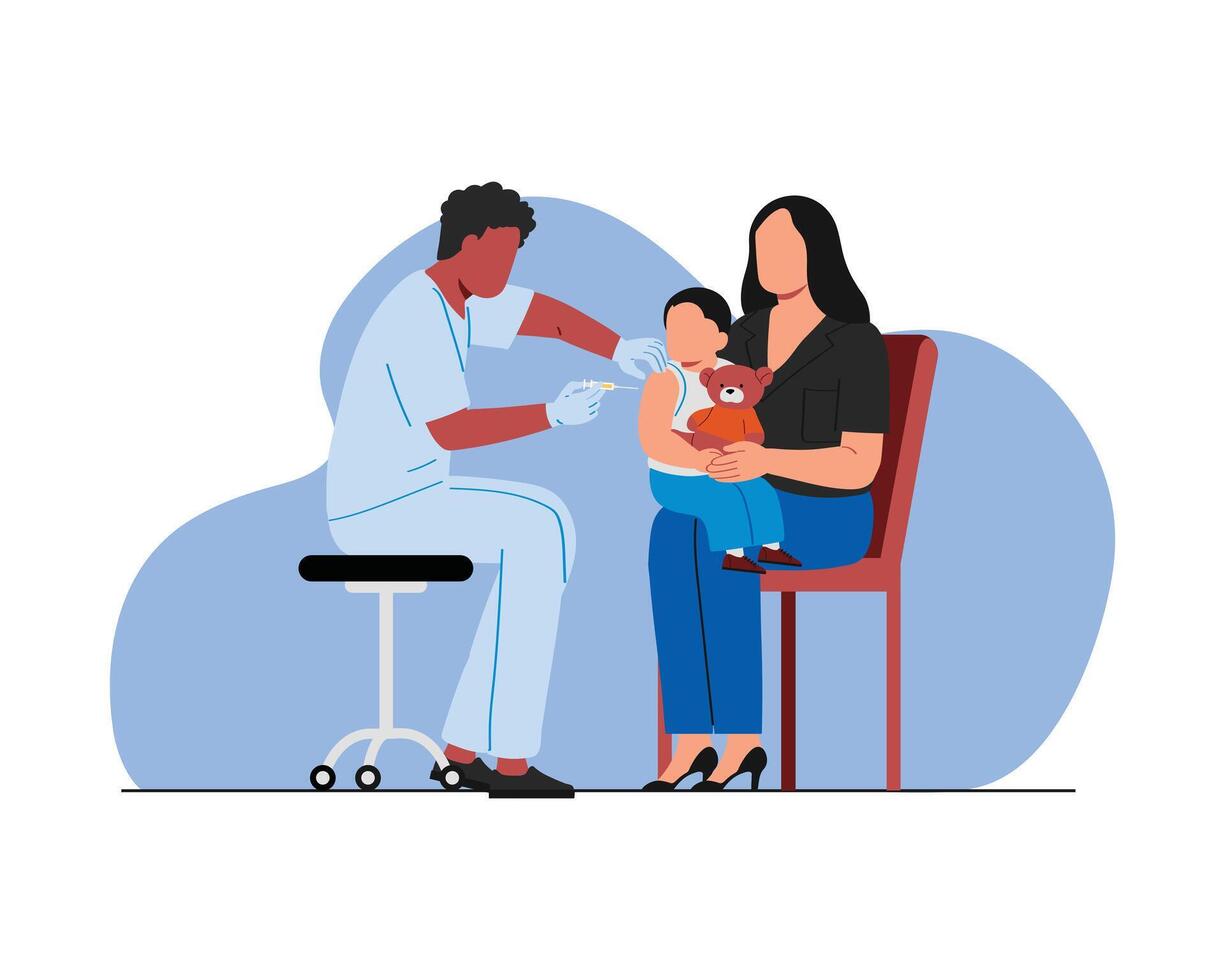 uma enfermeira dá a injeção para uma criança enquanto ser mantido de dele mãe. plano estilo Projeto personagem vetor para médico e saúde Cuidado ilustração.