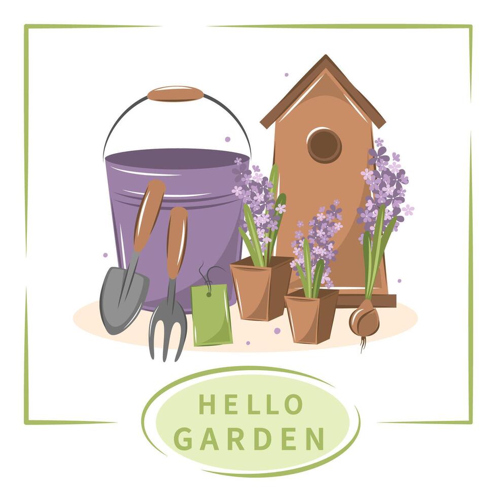 jardinagem, crescendo plantas, agrícola ferramentas. Olá jardim. vetor ilustração.