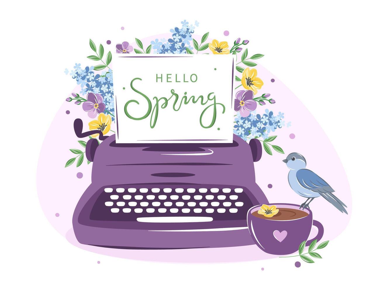 vintage máquina de escrever e copo café, pássaro com Primavera flores Primavera feriado cartão. vetor ilustração para livraria ou biblioteca
