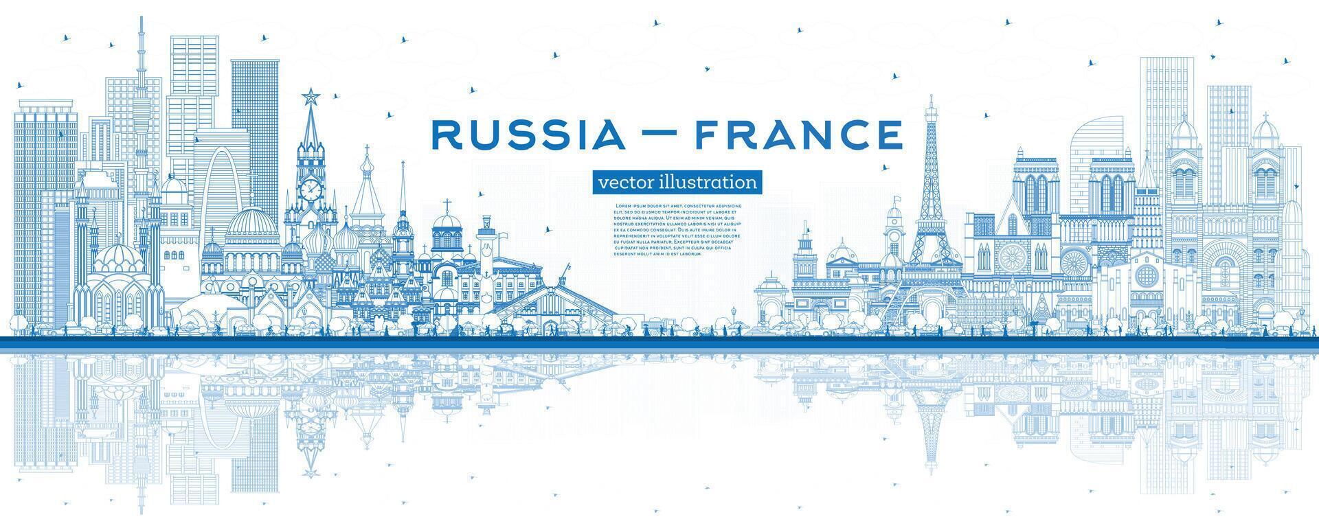 esboço Rússia e França Horizonte com azul edifícios e reflexões. famoso pontos de referência. França e Rússia conceito. diplomático relações entre países. vetor