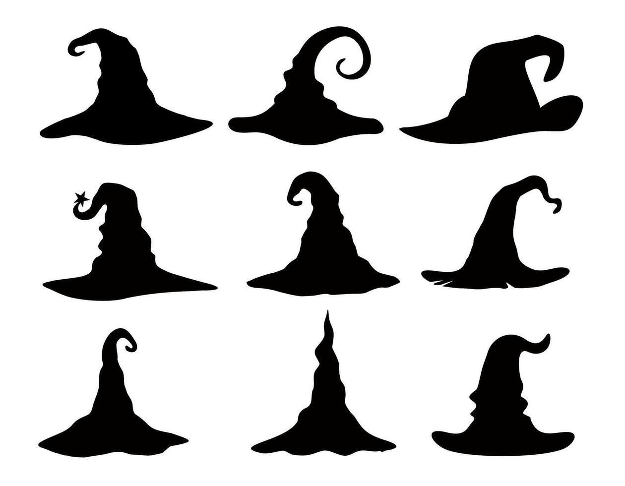 bruxa chapéus vetor ícones, dia das Bruxas festa traje elementos. desenho animado Mago chapéu, tradicional mágico cápsulas. Magia boné mal com aranha rede