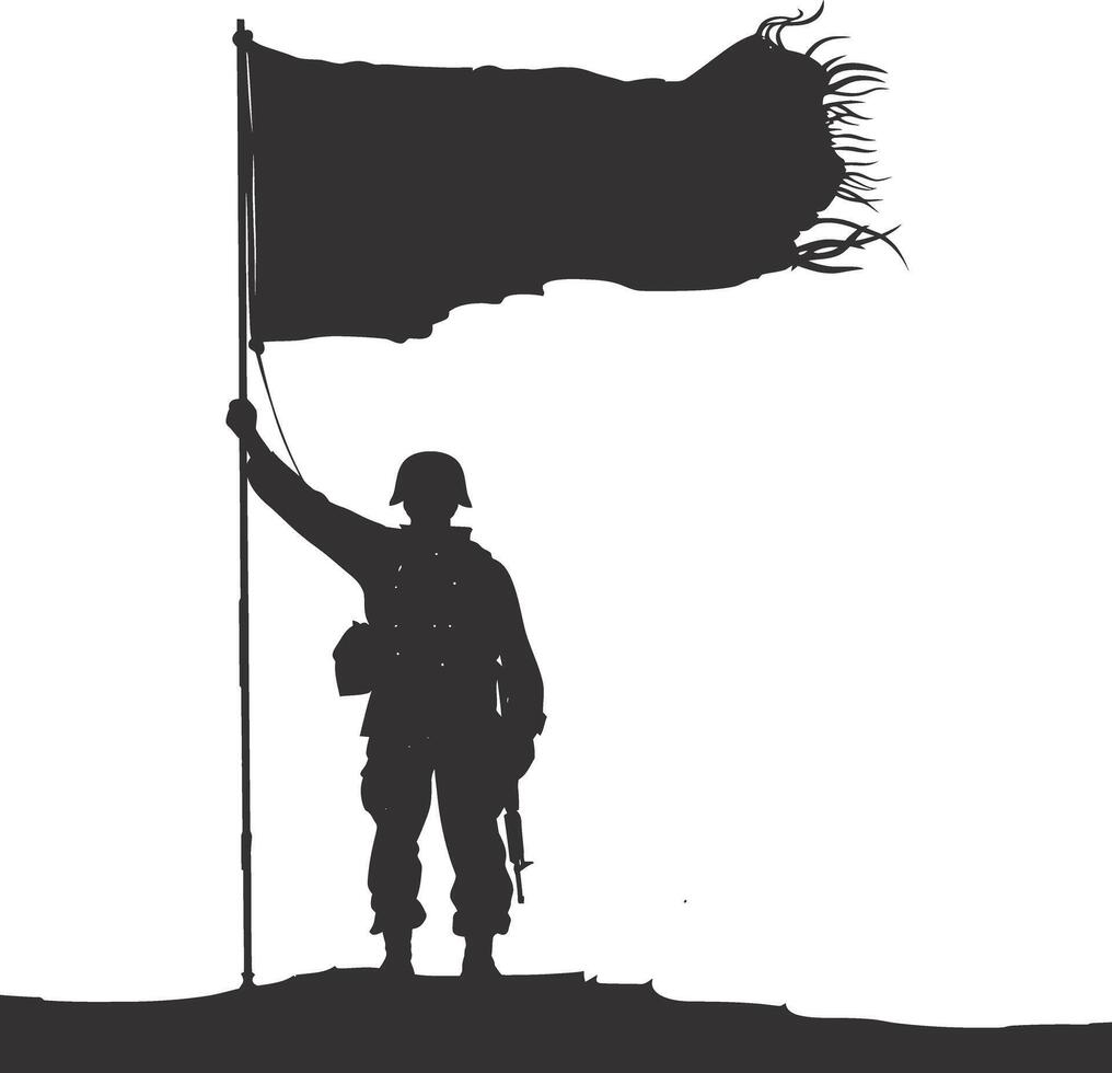 ai gerado silhueta soldados ou exército pose dentro frente do a Preto bandeira Preto cor só vetor