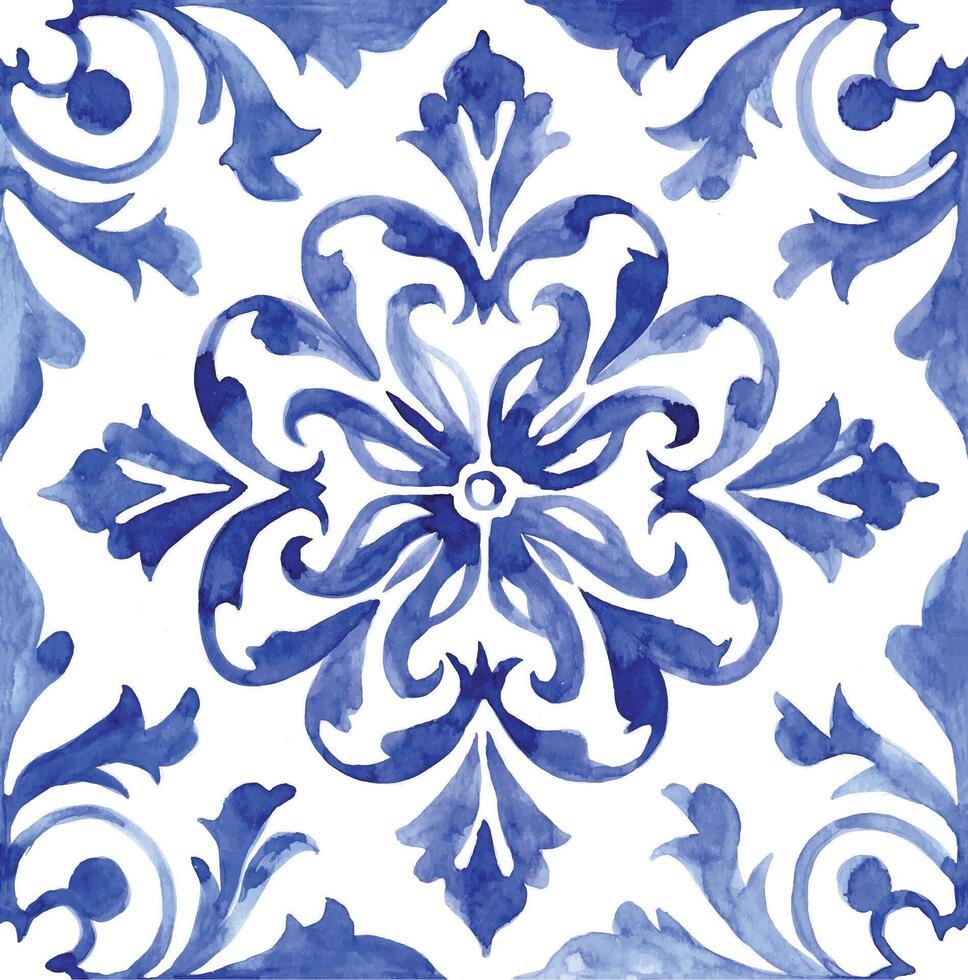 aguarela desatado padronizar com azul damasco ornamento. clássico vintage enfeite vetor
