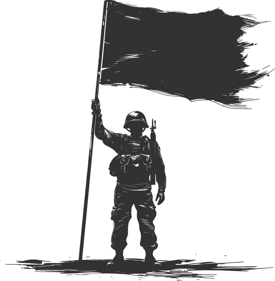 ai gerado silhueta soldados ou exército pose dentro frente do a Preto bandeira Preto cor só vetor