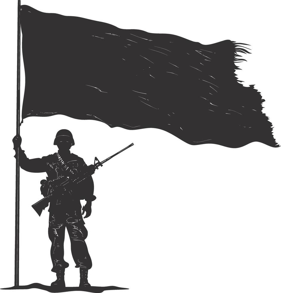 ai gerado silhueta soldados ou exército pose dentro frente do a em branco bandeira Preto cor só vetor