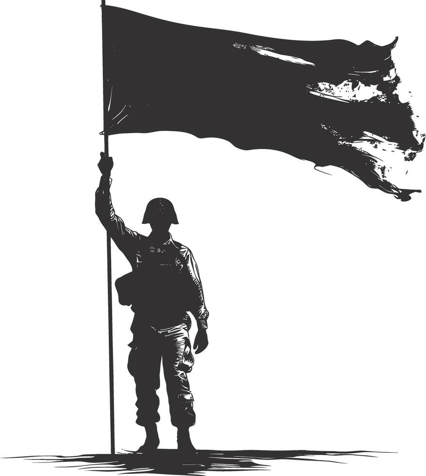 ai gerado silhueta soldados ou exército pose dentro frente do a Preto bandeira Preto cor só vetor