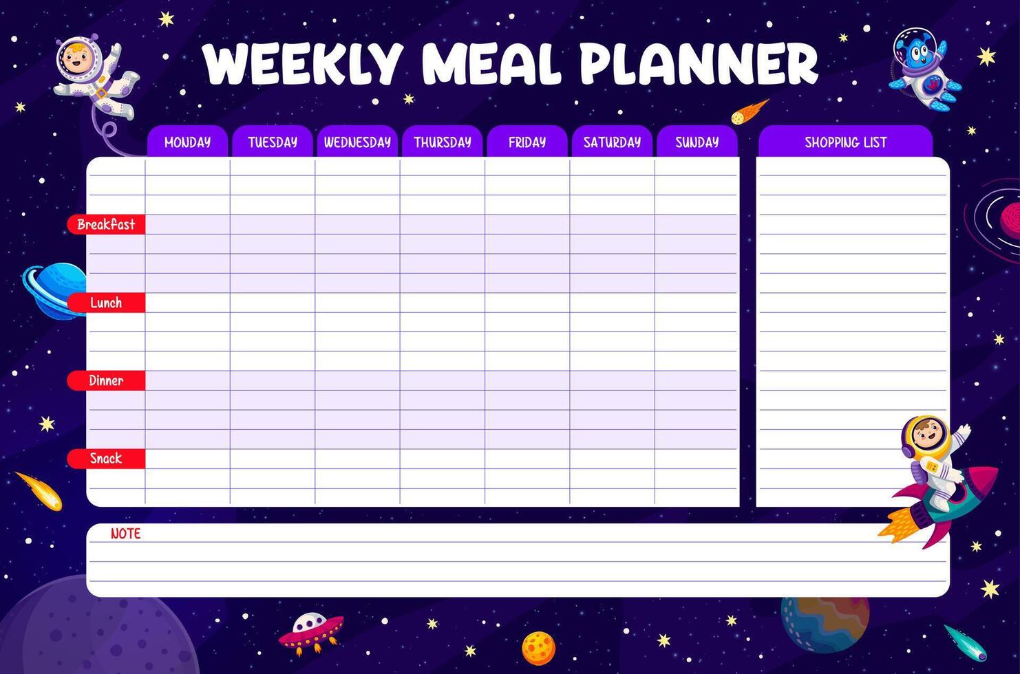 semanal refeição planejador com espaço astronauta criança vetor