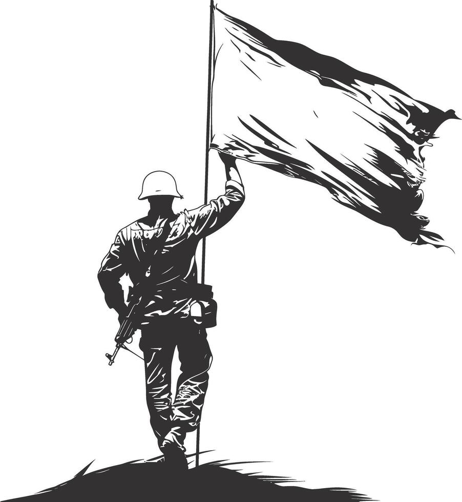 ai gerado silhueta soldados ou exército pose dentro frente do a branco bandeira Preto cor só vetor