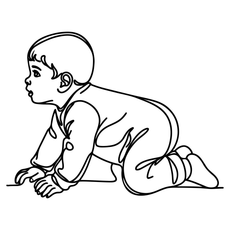contínuo 1 Preto linha arte mão desenhando criança rastejando rabiscos esboço desenho animado estilo coloração página vetor ilustração em branco fundo